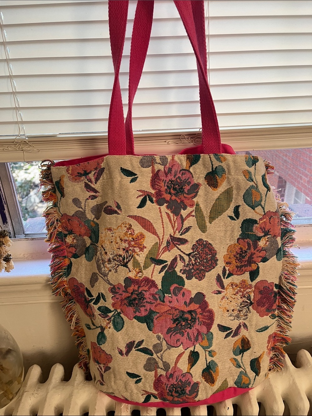 Floral Canvas Tote Bag with Pink Handles